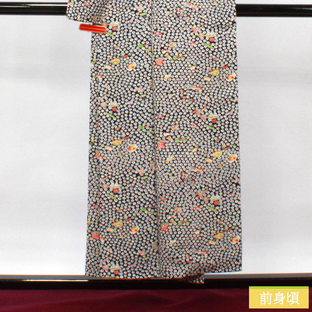 小紋 正絹 身丈152cm 裄丈60.5cm 袷 吉祥文様 しつけ糸付き 未使用品 Sランク 黒系 1115003822210