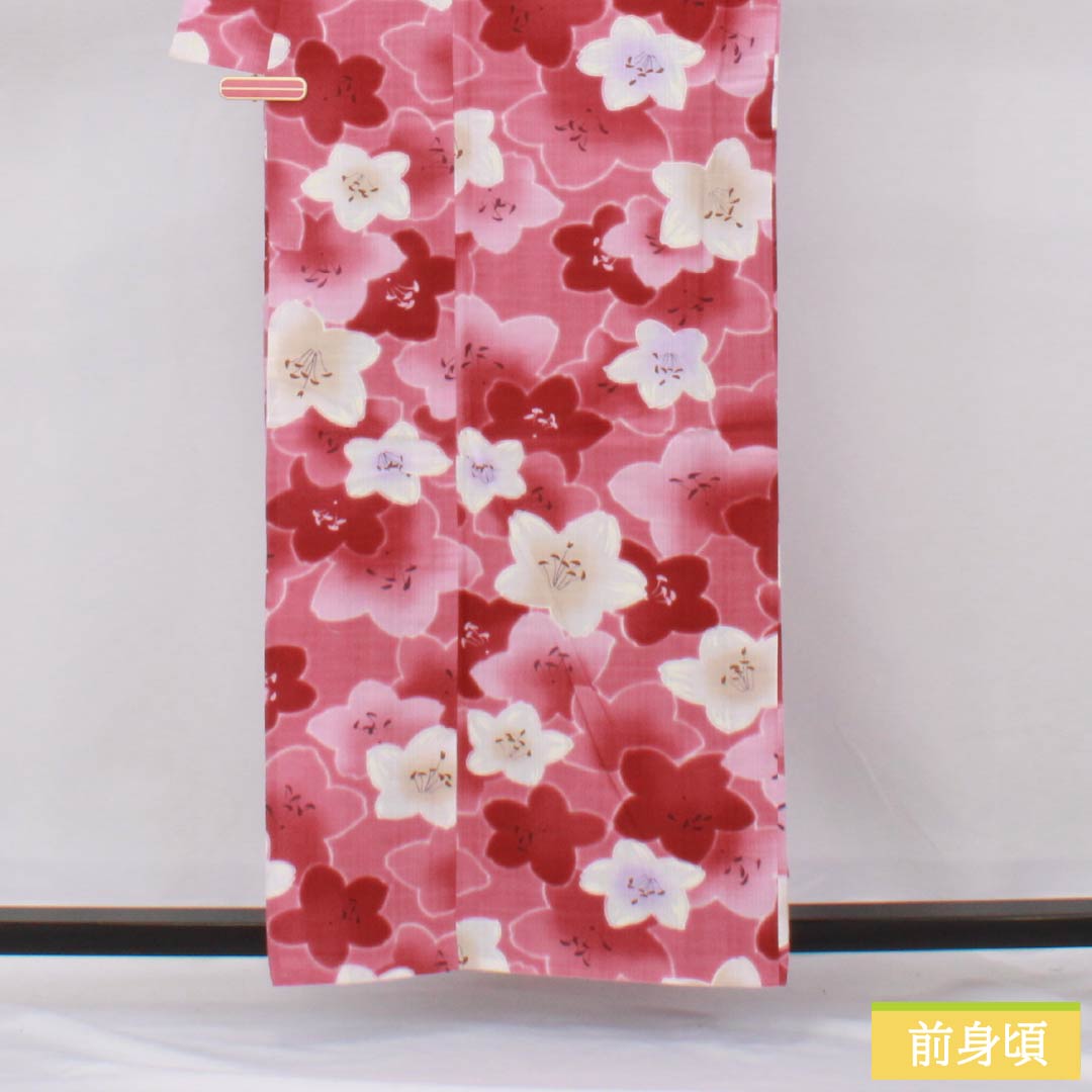 浴衣 木綿 身丈158.5cm 裄丈68.5cm Sランク 単衣 ピンク系 桃紅色(とうこうしょく) 花 1118006452313