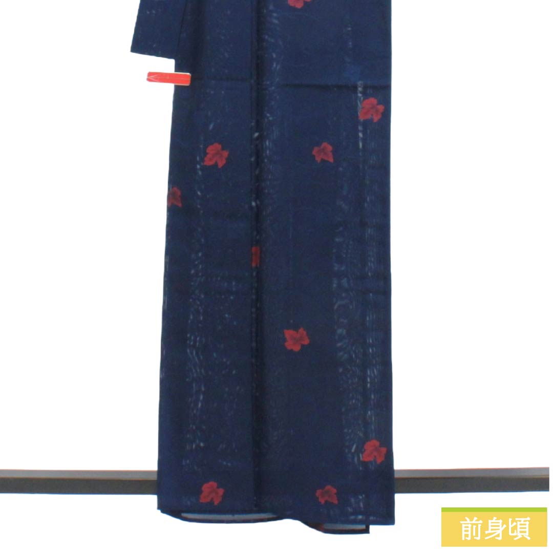 夏物 正絹 お召 Sランク 身丈161.5cm 裄丈64cm 紺色(こんいろ) 露芝 葉っぱ 紗 紺系 1132004342418