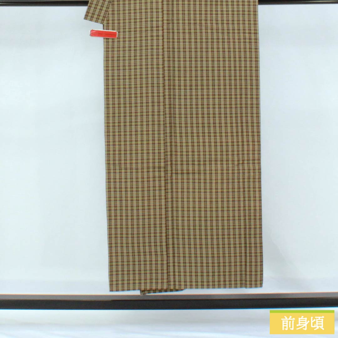 男物 木綿 Sランク 身丈148.5cm 裄丈68cm 利休生壁色(りきゅうなまかべいろ) 憲法茶色(けんぽうちゃいろ) チェック柄 内ポケット付き 単衣 緑系 1119001092419