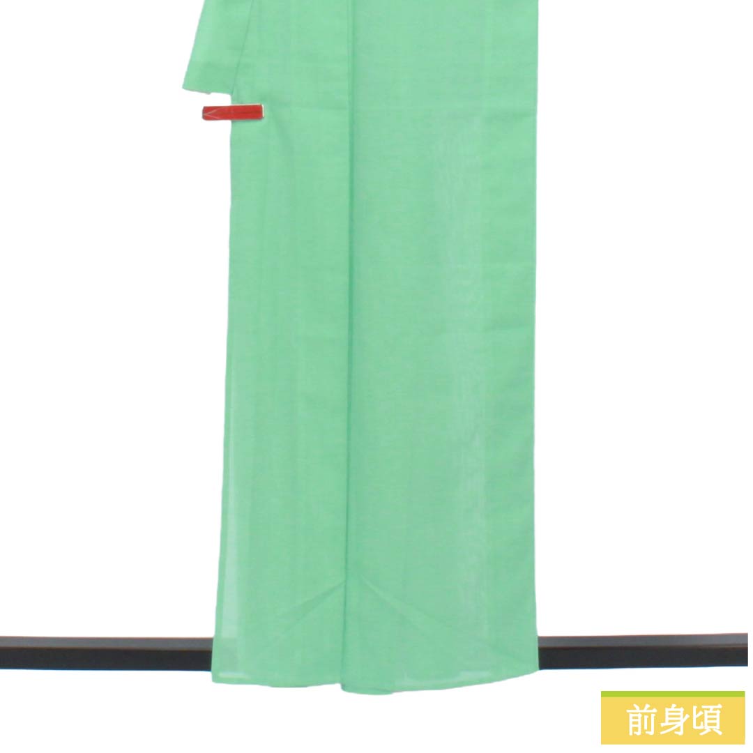 夏物 ポリエステル 色無地 Sランク 身丈157cm 裄丈62.5cm 青浅緑色(あおあさみどりいろ) 洗える着物 素無地 絽 緑系 1132004232319