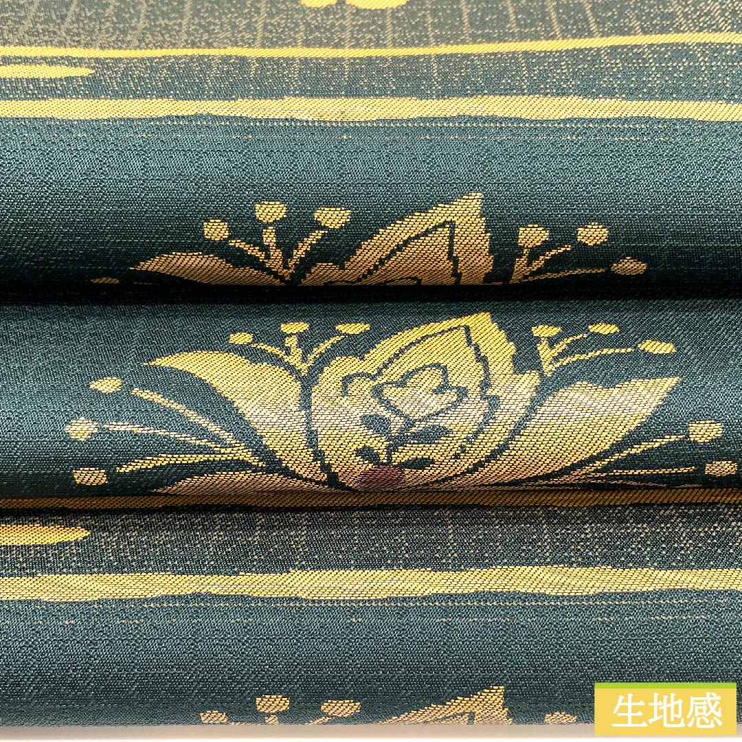 名古屋帯 深緑色 唐花 横段 帯丈365.5cm 正絹 Sランク 六通 カジュアル 緑系 1124005922319 名古屋仕立て