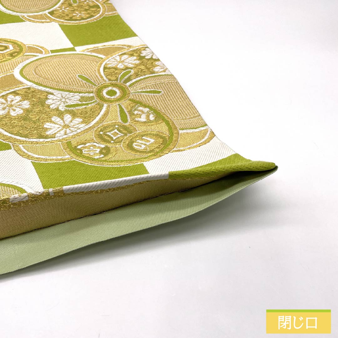 Formal obi, pure silk, S-rank, Wakanae-iro (young seedling color), for furisode (long-sleeved kimono), featuring a classic checkered pattern and a twisted plum blossom design. Length: 442cm, six-fold, green. Product code: 1123015822319