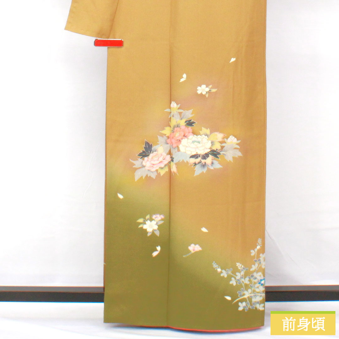 訪問着 正絹 袷 身丈163.5cm 裄丈63.5cm 黄土色(おうどいろ) 京友禅 草花模様 Aランク 黄系 1112005683423