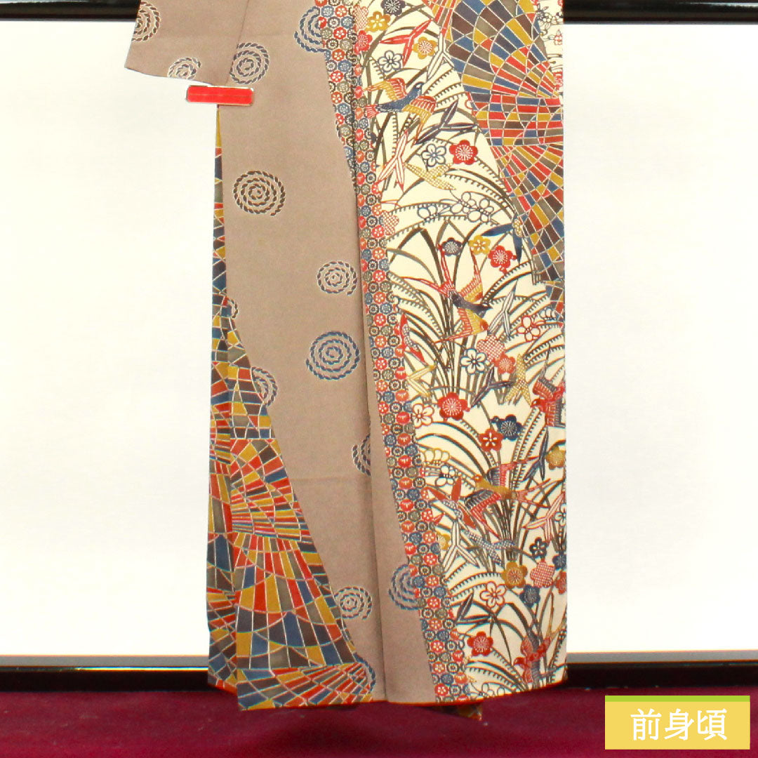小紋 正絹 身丈154.5cm 裄丈64cm 袷 壁鼠色 京紅型 抽象模様 Aランク グレー系 1115003513222