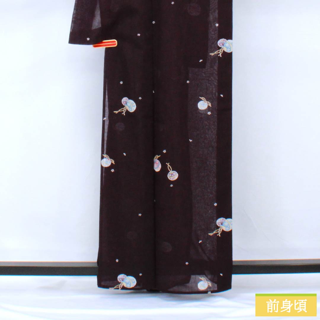 夏物 ポリエステル 小紋 身丈162cm 裄丈66cm 紫黒色(しこくしょく) 小花 鈴 洗える着物 紗 Sランク 紫系 1132002332420
