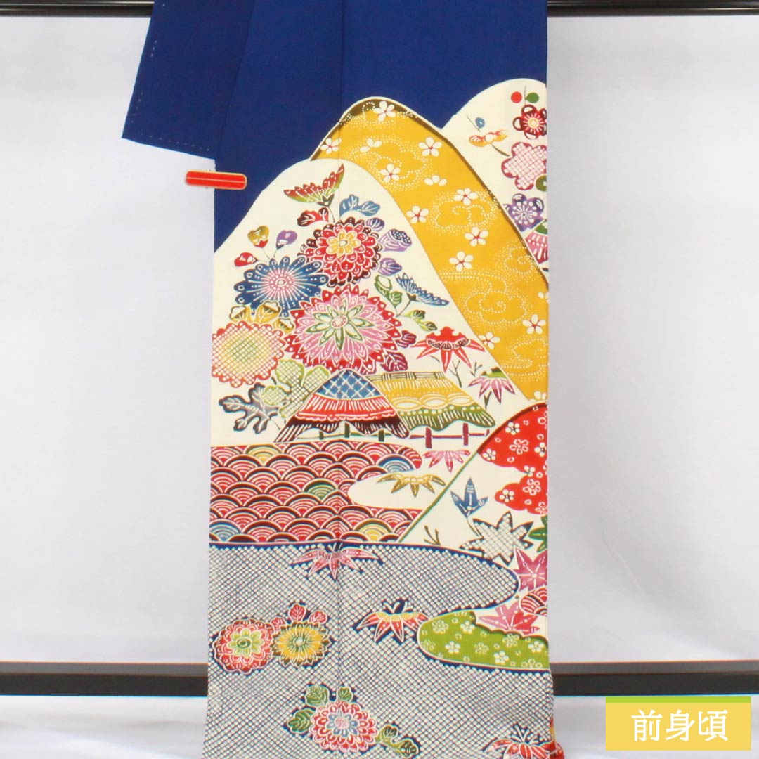 訪問着 正絹 Bランク 袷 身丈167.5cm 裄丈64.5cm 瑠璃色(るりいろ) 京紅型 紅型調 風景模様 半衿付き 青系 1112006684517