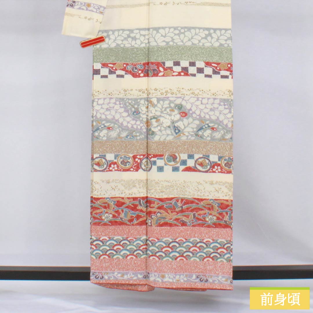 Homongi Silk S-rank Awase Length 156.5cm Sleeve-to-sleeve 63.5cm Neri-iro Kyo-Yuzen Horizontal stripes Classic pattern Cream 1112007712315