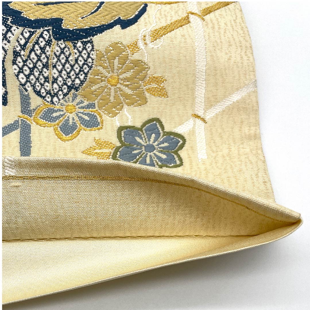 Fukuro Obi (light egg color) with floral motif, Hanabishi pattern, Okabun Orimono, obi length 434cm, pure silk, S rank, six-pass, formal, cream color, 1123006752315