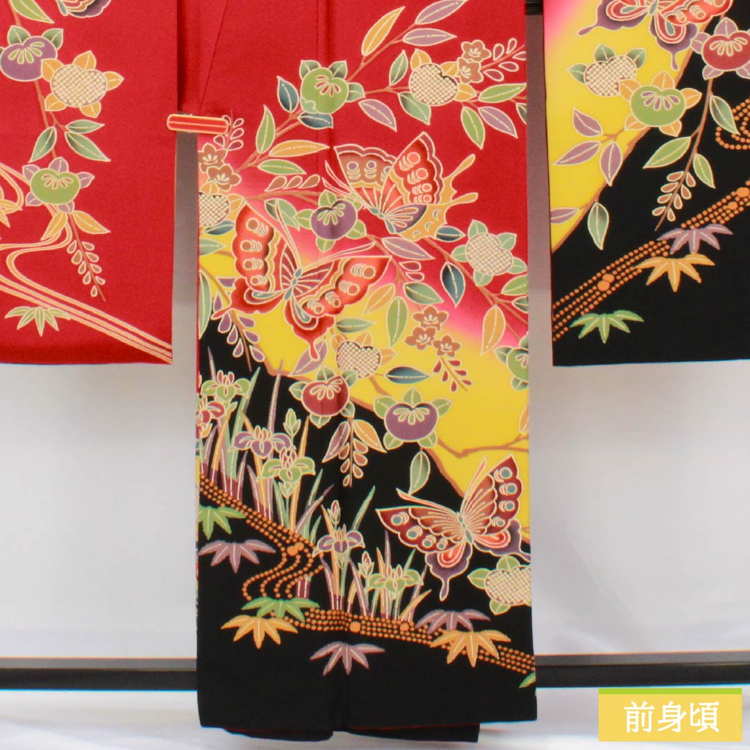 振袖 正絹 Aランク 身丈158.5cm 裄丈67cm 袷 紅赤色(べにあかいろ) 京紅型 吉祥文様 蝶 菖蒲 橘 赤系 1113002283312