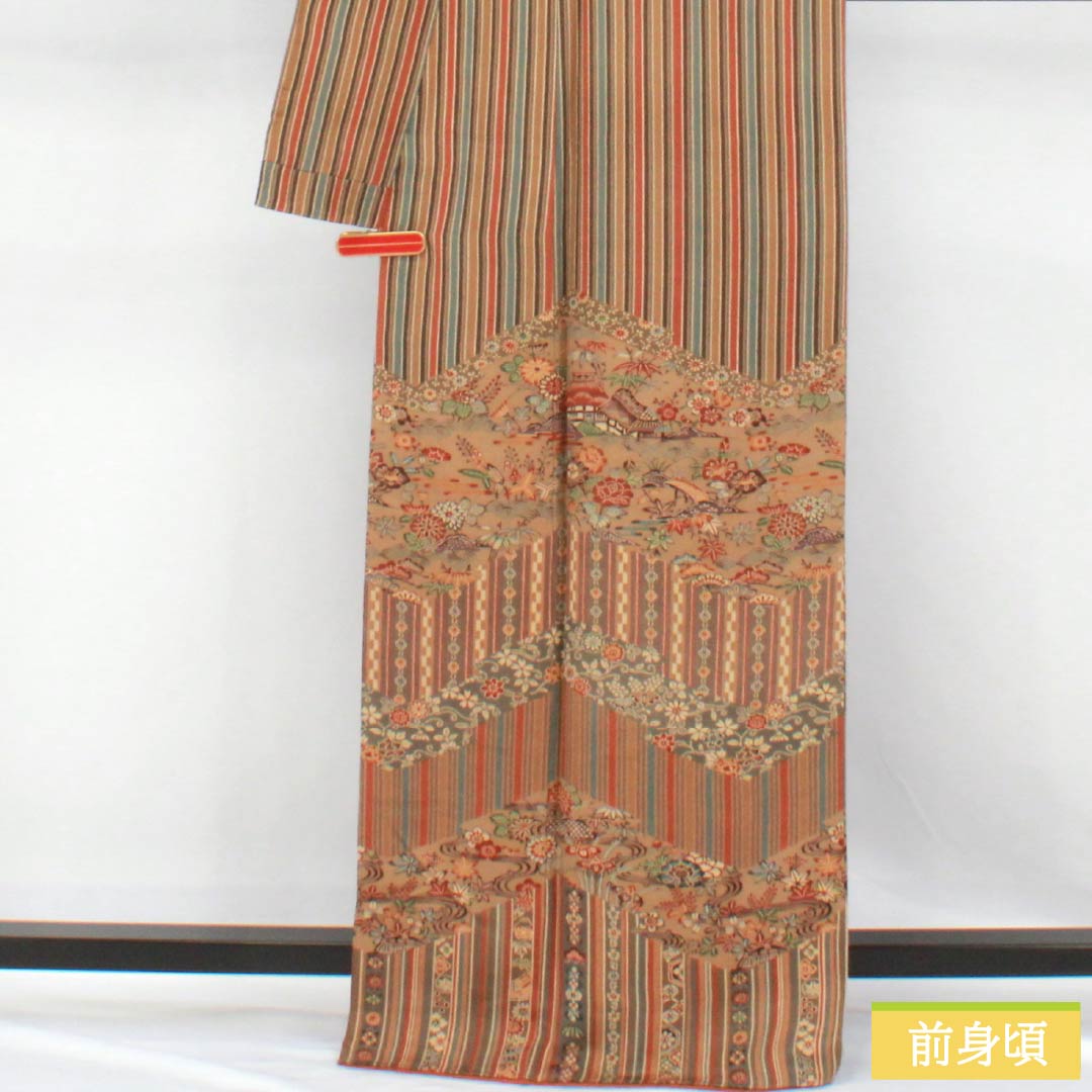 Visiting Kimono, Pure Silk, S Rank, Lined, Length 165.5cm, Sleeve Length 66.5cm, Enshu Brown, Kyoto Bingata Pattern, Striped, Chayatsuji, Orange, Item Number: 1112006892526