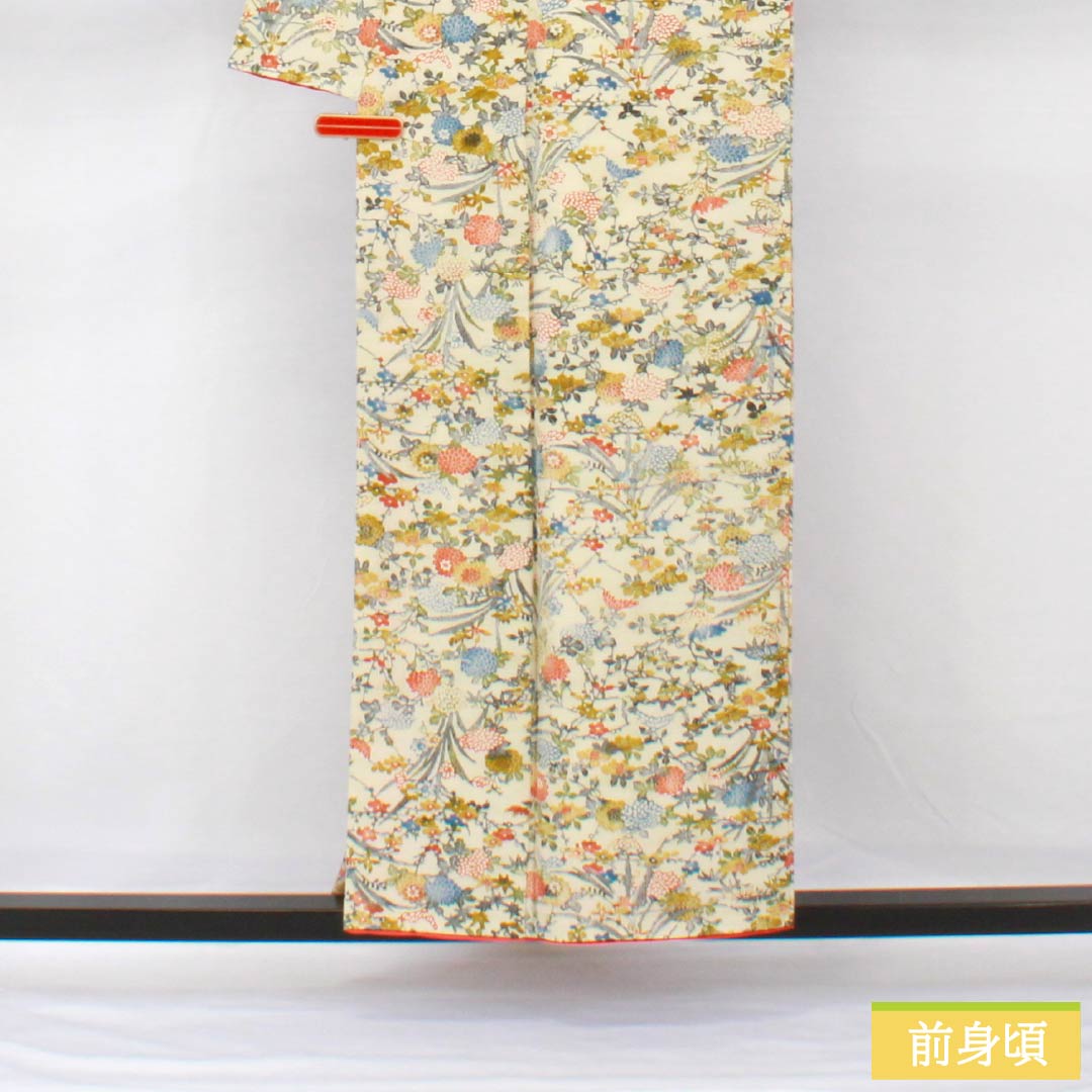 小紋 正絹 身丈154.5cm 裄丈63.5cm 袷 象牙色(ぞうげいろ) 型染 草花模様 Sランク クリーム系 1115005492215