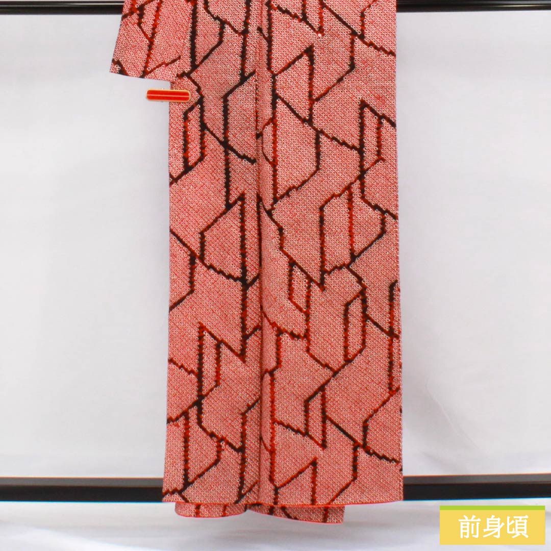 Komon (small pattern) silk, A-rank, length 156cm, sleeve length 63cm, lined, red, tie-dyed, geometric pattern, red-based, product number 1115006483312