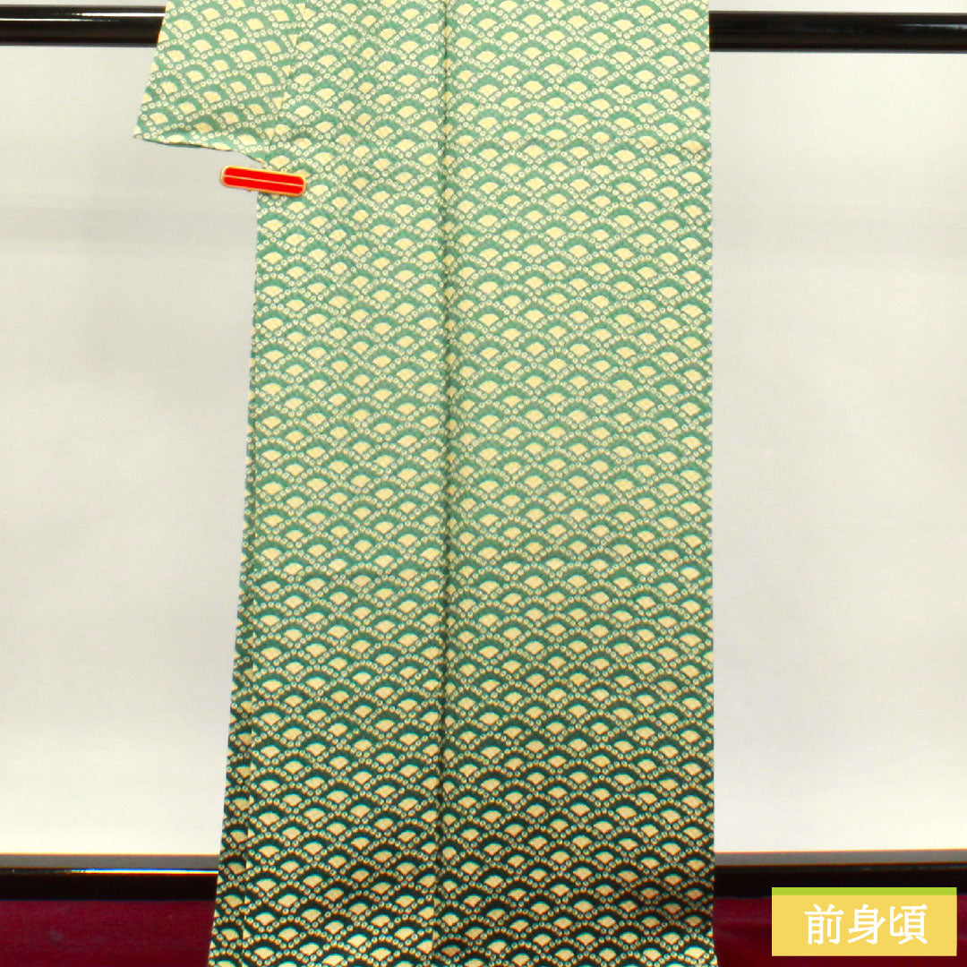 小紋 正絹 身丈167.5cm 裄丈65.5cm 袷 山藍摺色 Sランク 緑系 1115003672519