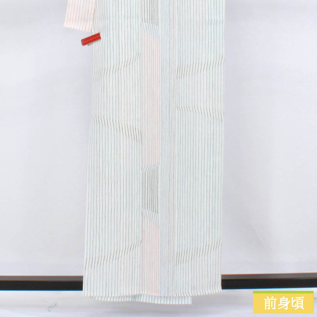 Summer polyester komon kimono, length 157.5cm, sleeve length 64.5cm, striped, washable, embroidered, gauze, S rank, white, 1132002552311