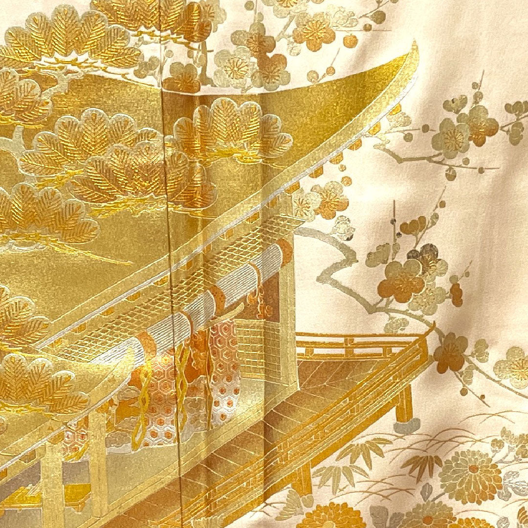 色留袖 身丈161.5cm 裄丈65.5cm 袷 和田光正 金彩友禅 薄肉色 時代風景模様 正絹 Sランク 一つ紋 クリーム系 1111000662415