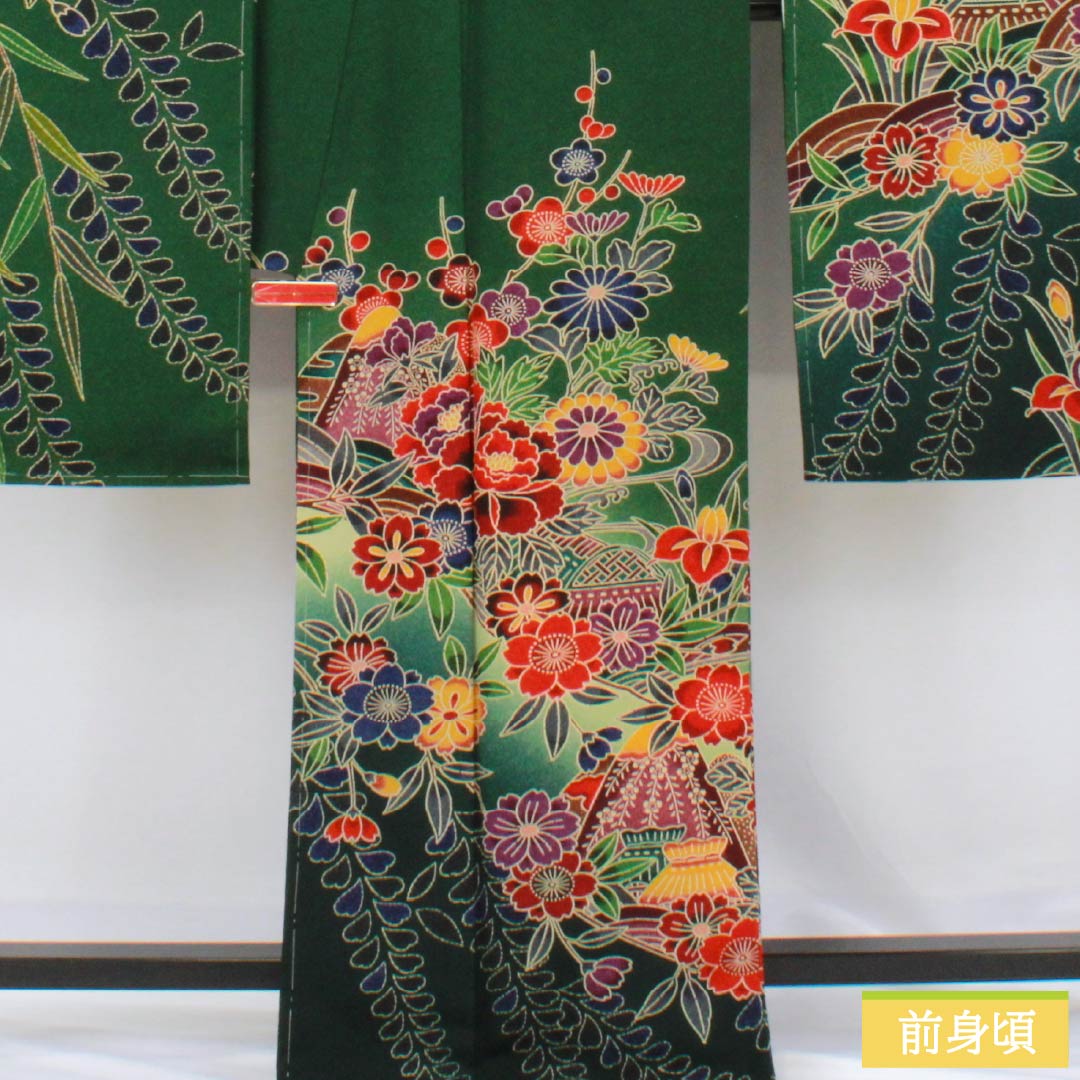 振袖 正絹 Sランク 身丈168.5cm 裄丈68cm 袷 天鵞絨色(びろうどいろ) 京紅型 吉祥文様 桜 おしどり 藤 緑系 1113002292519