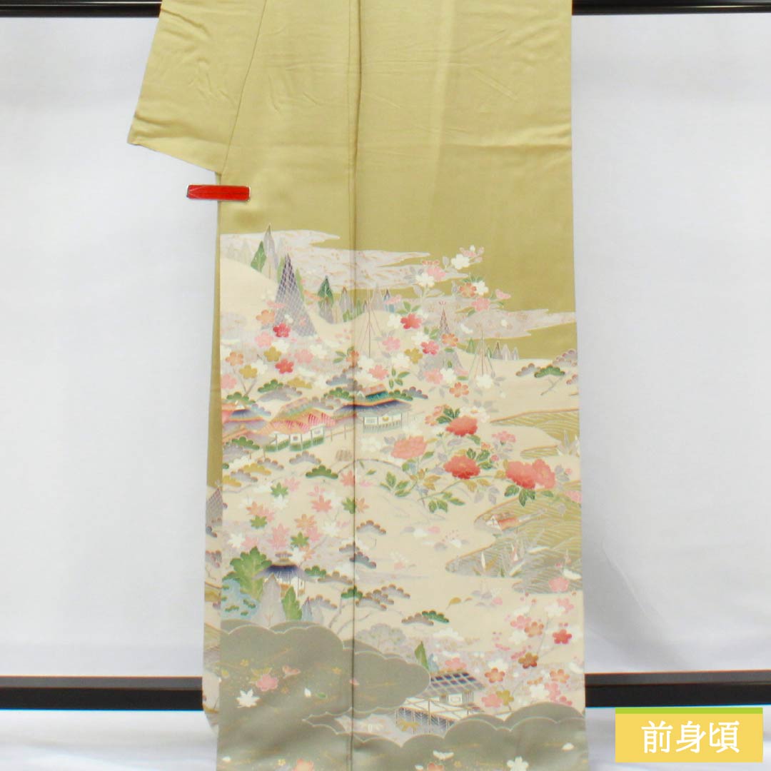 訪問着 正絹 Aランク 袷 身丈171.5cm 裄丈69cm 玉子鼠色(たまごねずいろ) 京友禅 網干 風景模様 黄系 1112006093623