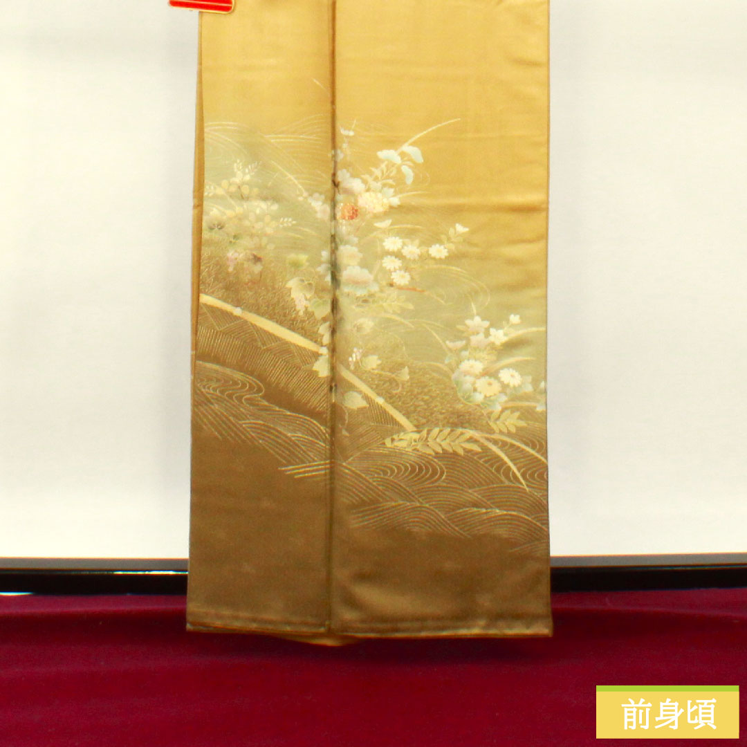 訪問着 袷 身丈162cm 裄丈65cm 唐金色 金彩加工 草花模様 正絹 Sランク 黄系 1112003922423