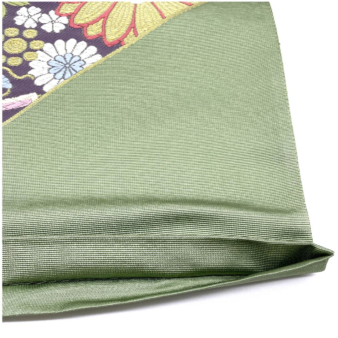 Fukuro Obi (wasabi color) with treasures and floral patterns, Takashima Orimono, obi length 435cm, pure silk, S rank, six-pass, semi-formal, green, 1123007162319