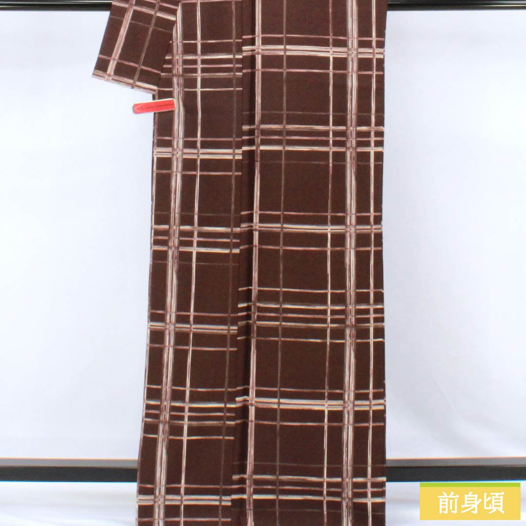 Komon (small pattern) polyester kimono, S rank, length 167.5cm, sleeve length 68cm, lined, burnt brown (kogareiro) check pattern, washable, brown, 1115007522514