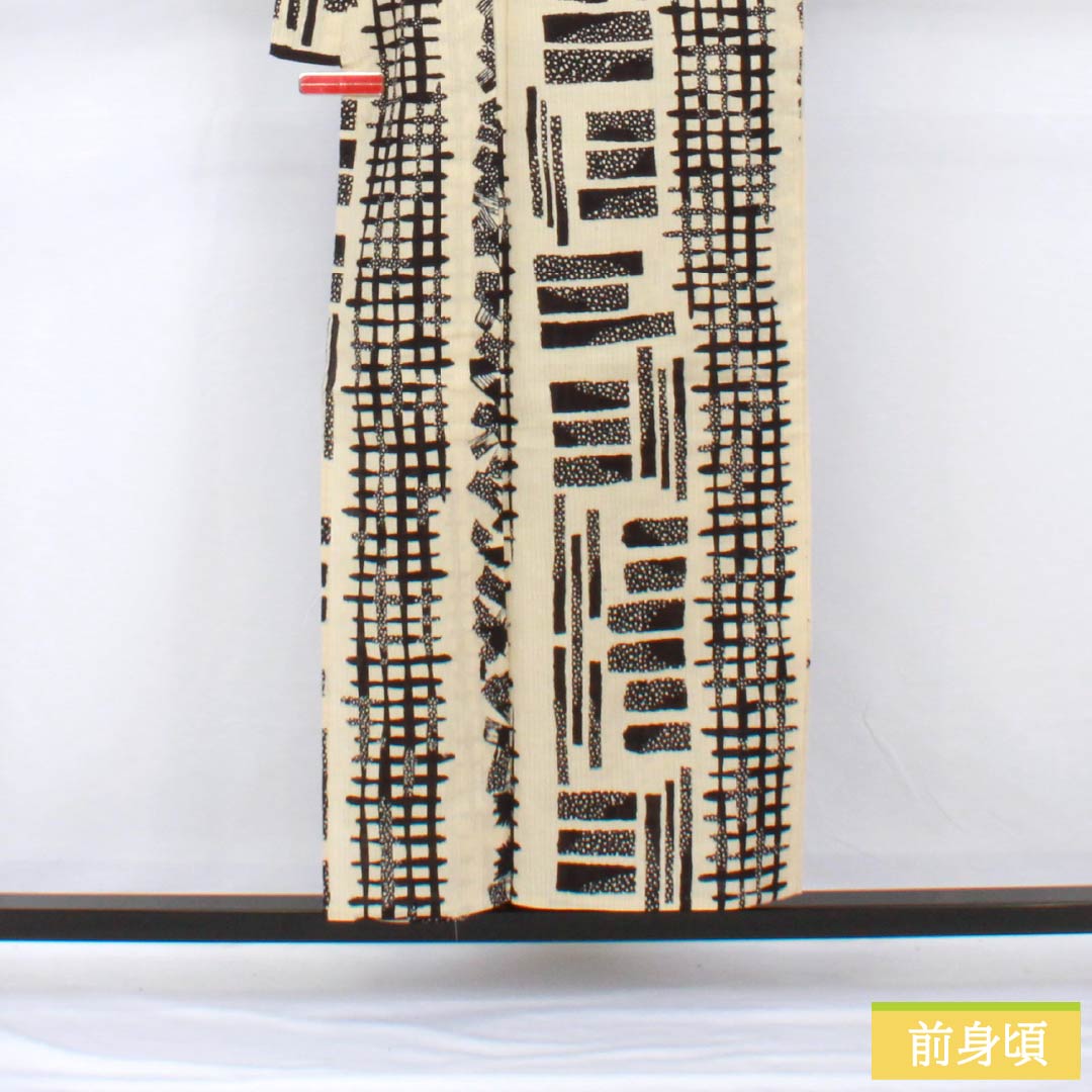 Men's yukata, cotton-linen blend, length 154cm, sleeve length 71.5cm, A rank, unlined, beige (tonoko-iro), geometric pattern, 1118005423225