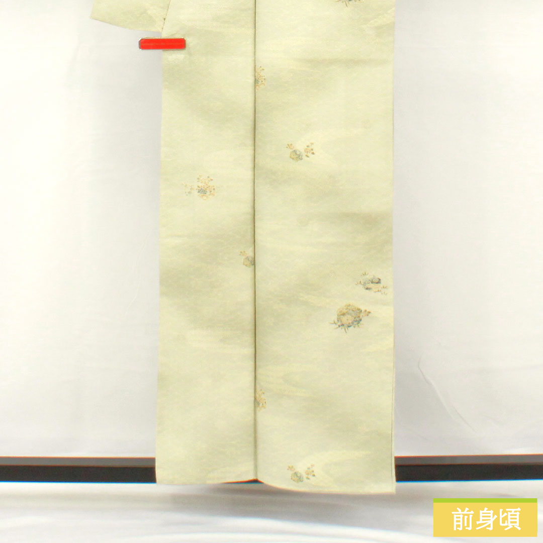 小紋 ポリエステル 身丈157.5cm 裄丈64.5cm 袷 薄緑色(うすみどりいろ) 洗える着物 吉祥文様 しつけ糸付き 未使用品 Sランク 緑系 1115004562319
