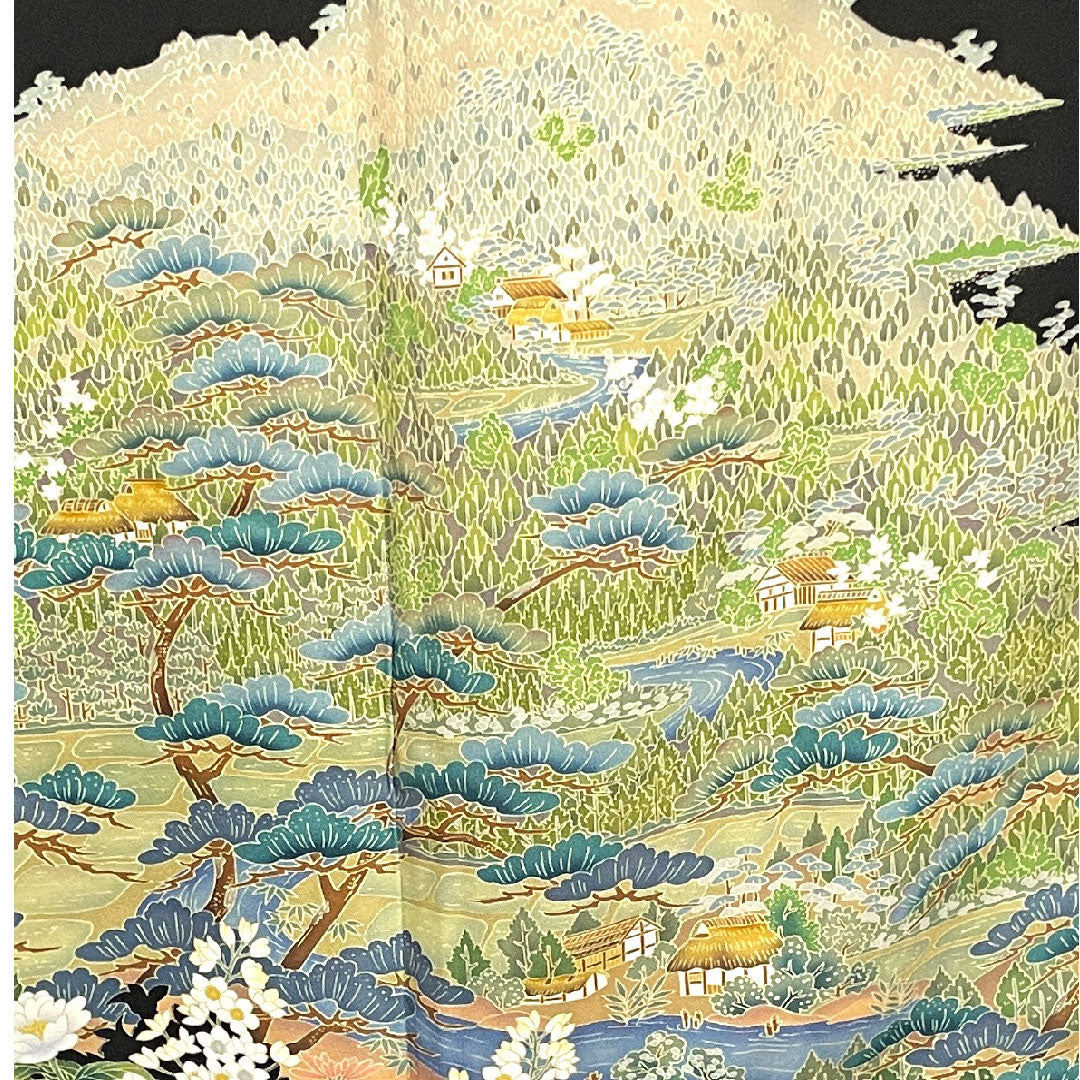 Black formal kimono, length 168.5cm, sleeve length 62cm, lined, by artist Chaya Tsuji, floral pattern, circle with diamond pattern, pure silk, A rank, five crests, black, 1111000473510