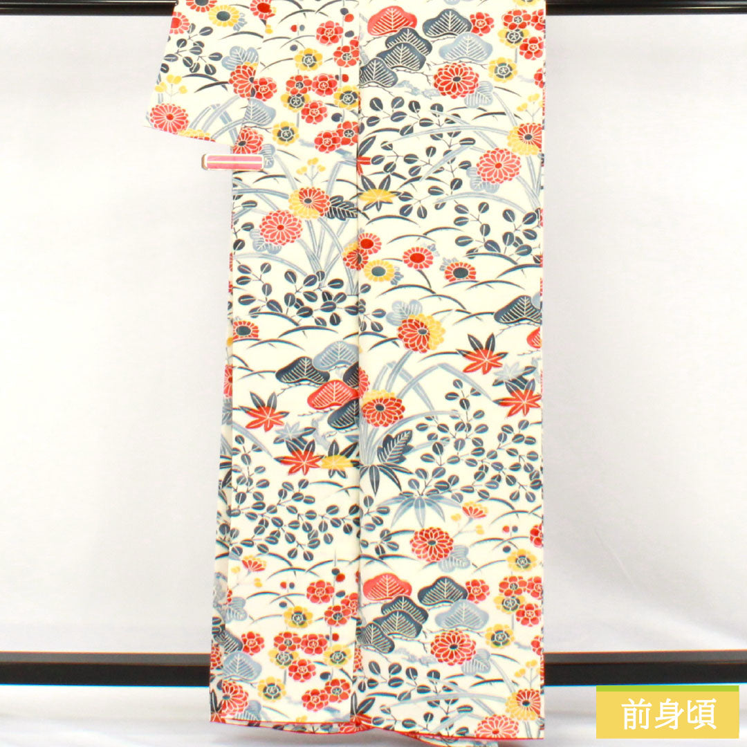 小紋 正絹 Sランク 身丈161cm 裄丈63cm 袷 京紅型 菊 萩 松 しつけ糸付き 白系 1115007602411