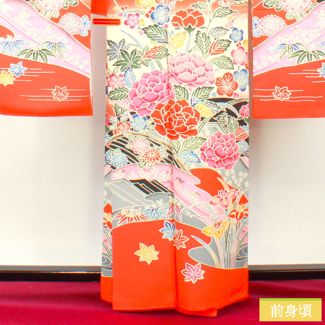 Furisode (long-sleeved kimono) made of pure silk, length 162.5cm, sleeve length 63.5cm, lined, silver-vermilion, Kyoto Bingata, auspicious motif, S rank, vermilion, 1113002112416