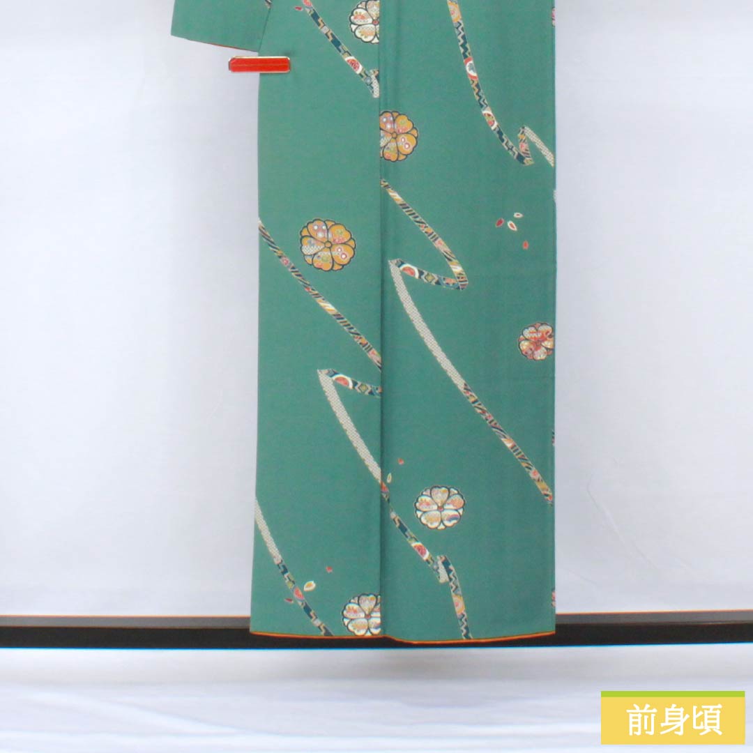 Komon, pure silk, length 152.5cm, sleeve length 64.5cm, lined, Yamaaizuuriiro (Yamaaizuri-iro), stencil dyeing, noshi (Japanese traditional wrapping paper), floral pattern, Scotchgard, B rank, green, 1115005484219