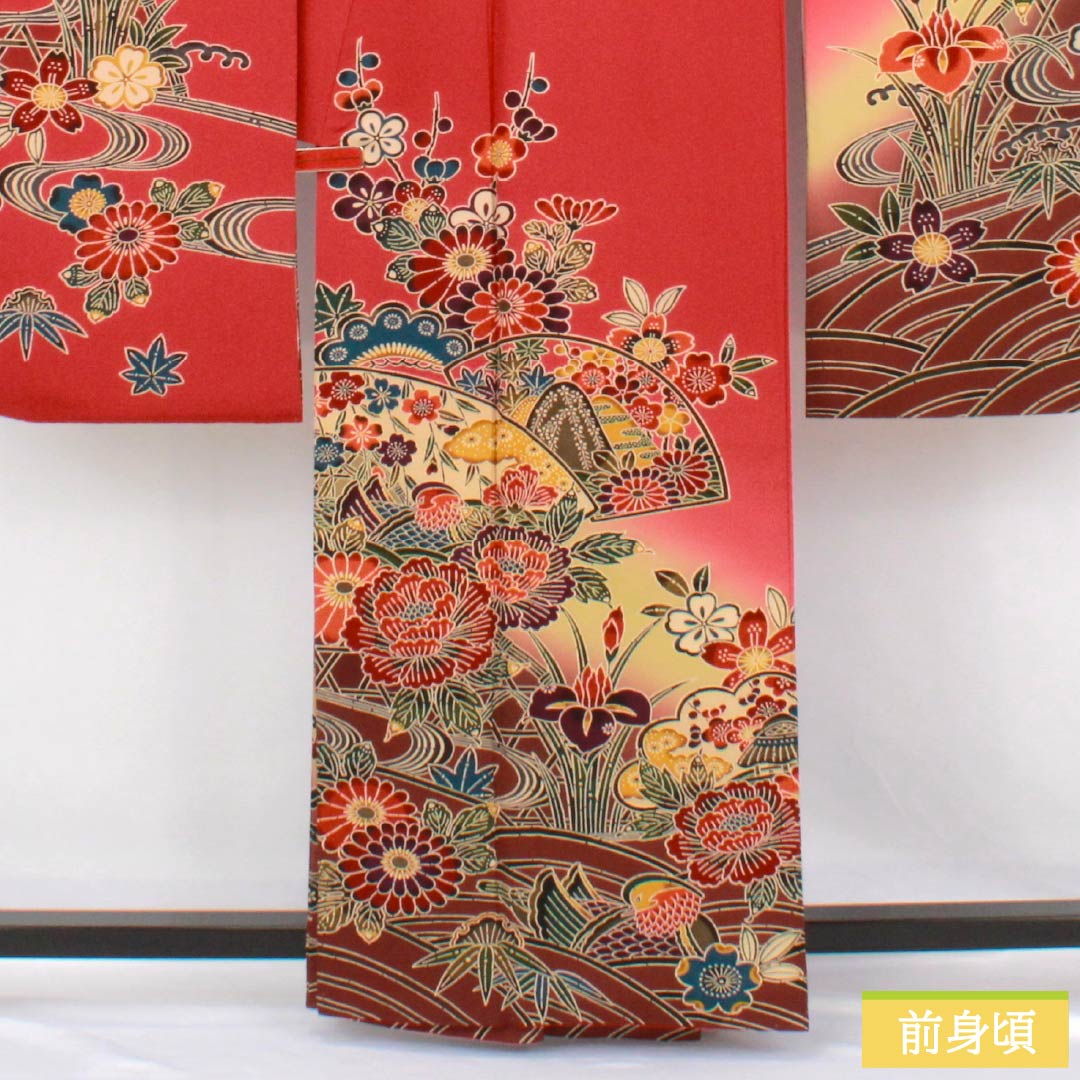 振袖 正絹 Sランク 身丈162.5cm 裄丈68cm 袷 紅絹色(もみいろ) 京紅型 吉祥文様 草花 扇面 流水 赤系 1113002672412