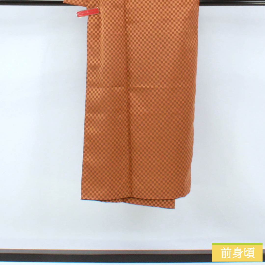 Men's polyester S-rank, length 133.5cm, sleeve length 66.5cm, dark koikuchibairo (dark leaf color), checkered pattern, unlined back, half-collar, lined, orange, 1119001372326