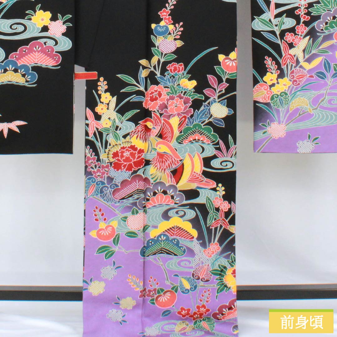 振袖 正絹 Sランク 身丈170cm 裄丈70cm 袷 黒色 京紅型 吉祥文様 七宝 桜 黒系 1113002932610