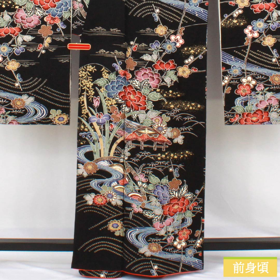 振袖 正絹 Sランク 身丈162cm 裄丈66.5cm 袷 京友禅 重ね衿付き 吉祥文様 牡丹 梅 流水 黒系 1113002792410
