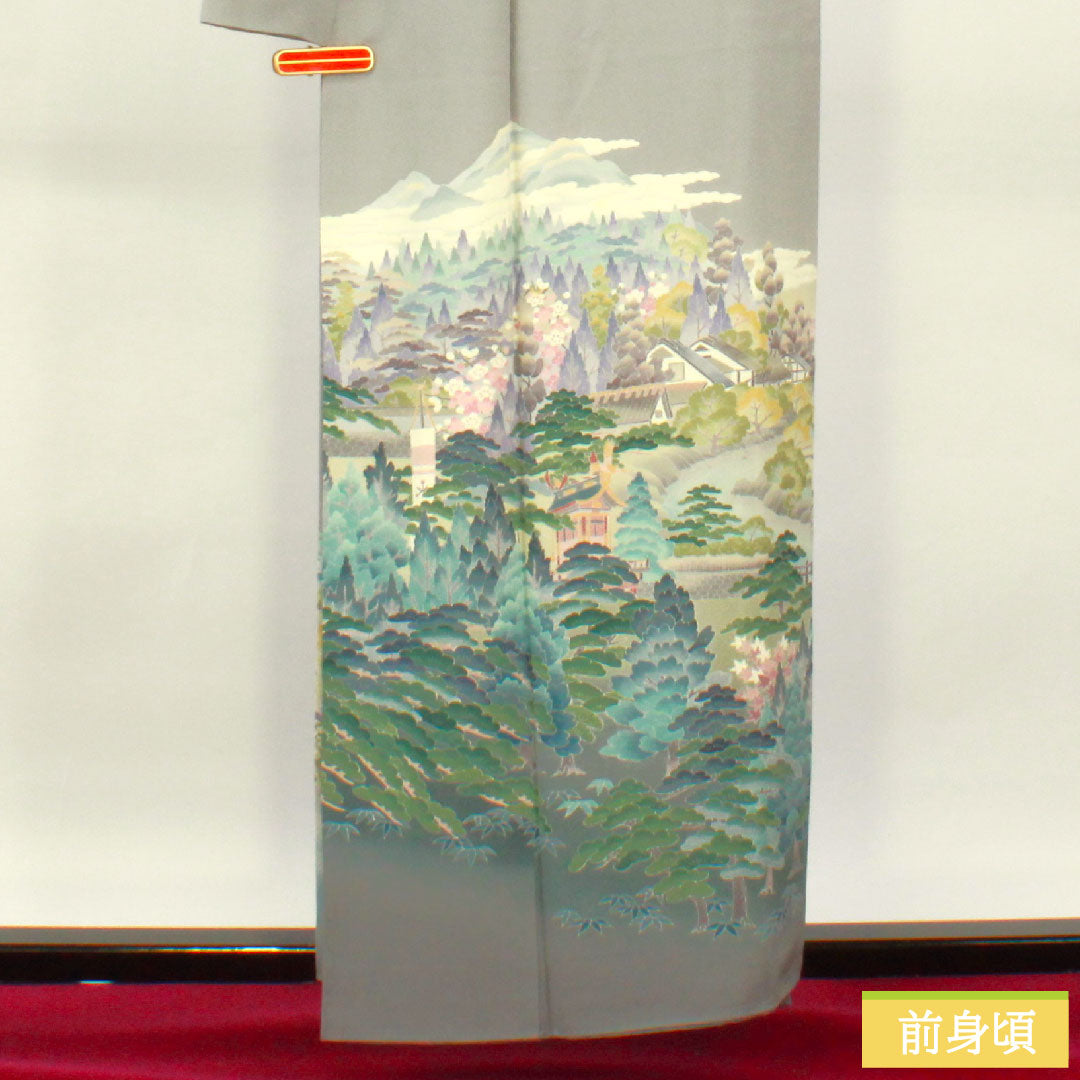 Colored Tomesode, pure silk, length 157cm, sleeve length 63.5cm, lined, tin color, landscape pattern, three crests, ivy, artist's work, Hida Takayama, pearl tone finish, A rank, gray, 1111001363322