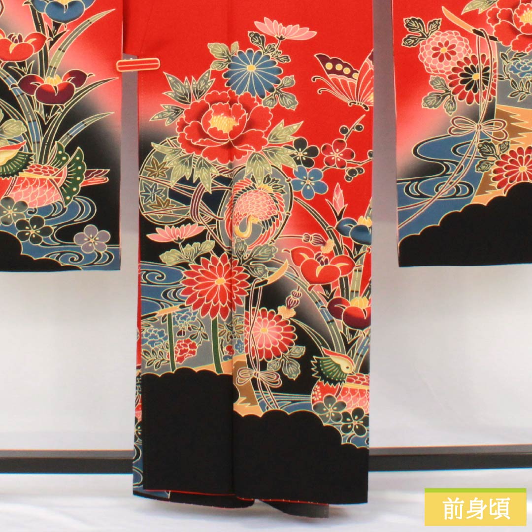 振袖 正絹 Sランク 身丈161.5cm 裄丈67.5cm 袷 赤色(あかいろ) 京紅型 吉祥文様 松竹梅 蝶 鼓 赤系 1113002722412