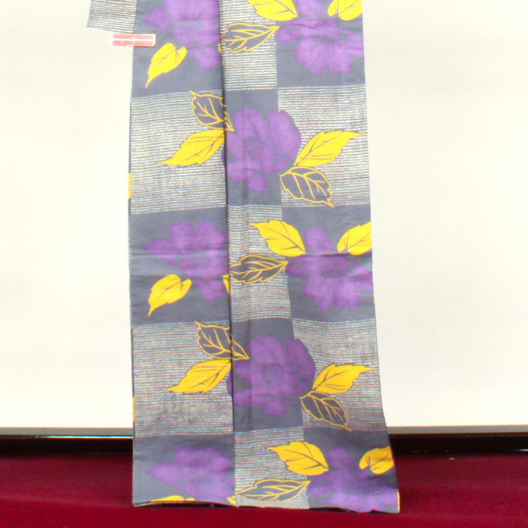 浴衣 しつけ糸付き 未使用品 灰青色 花模様 市松 木綿 Sランク 単衣 身丈170cm 裄丈67cm グレー系 1118002172622