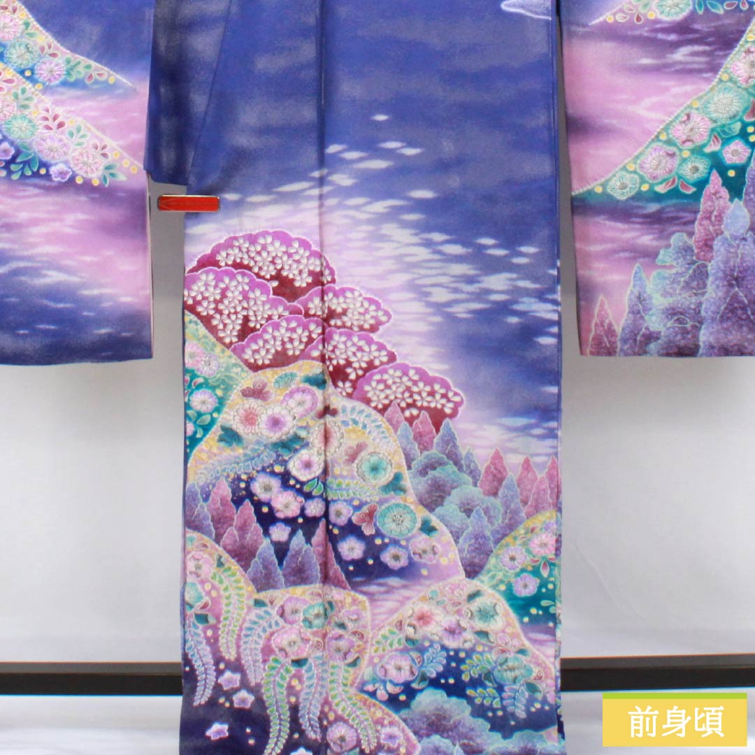 振袖 正絹 Sランク 身丈172.5cm 裄丈68cm 袷 青紫色(あおむらさきいろ) 銀通し 辻が花 遠山 ソフトガード加工 紫系 1113002552620