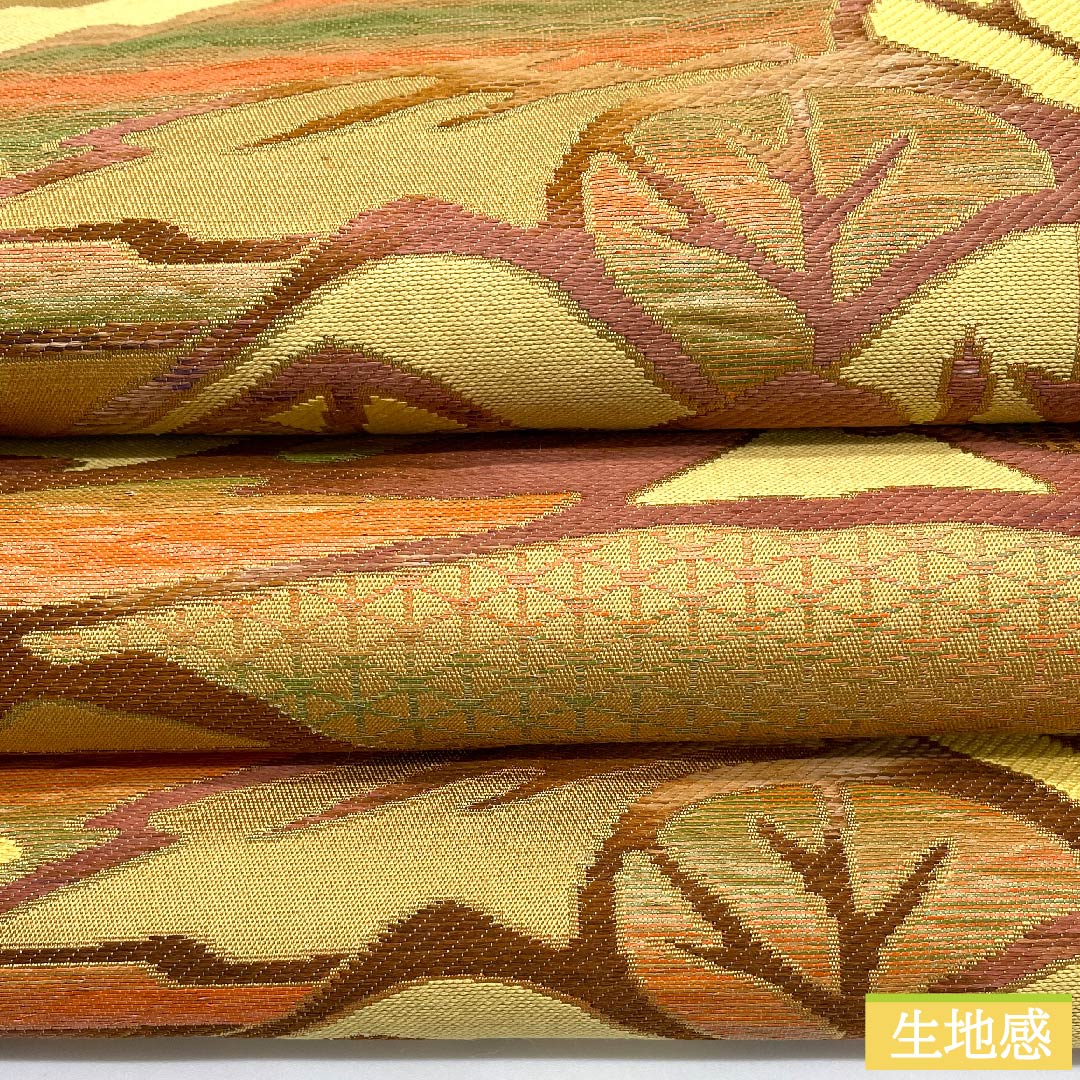 Nagoya obi, earthen cloth color, Toyama, abstract pine, tortoise shell, obi length 354cm, pure silk, S rank, six-pass, casual, yellow, 1124006012323, Nagoya style