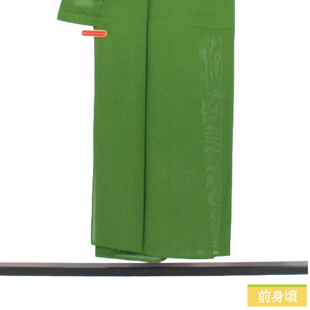 夏物 正絹 色無地 Sランク 身丈148.5cm 裄丈64cm 次緑色(つぎのみどりいろ) 菱に花柄 一つ紋 総陰の剣片喰 絽 緑系 1132004852119