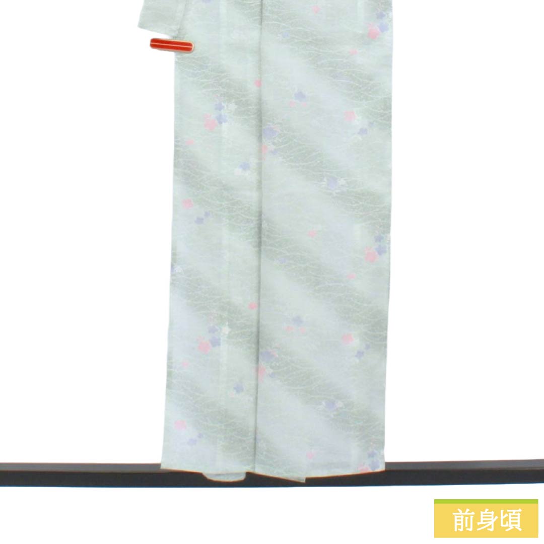 夏物 ポリエステル 小紋 Aランク 身丈153.5cm 裄丈62.5cm 青磁色(せいじいろ) 露芝 桜 洗える着物 絽 緑系 1132003373219
