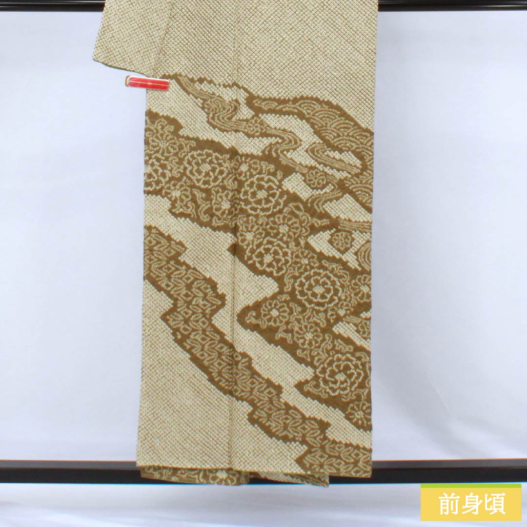 Homongi (formal formal wear), pure silk, A-rank, lined, length 153cm, sleeve length 62.5cm, Senzai-chairo (Chrysanthemum and Flowing Water) pattern, with basting threads, green, product number 1112006753219