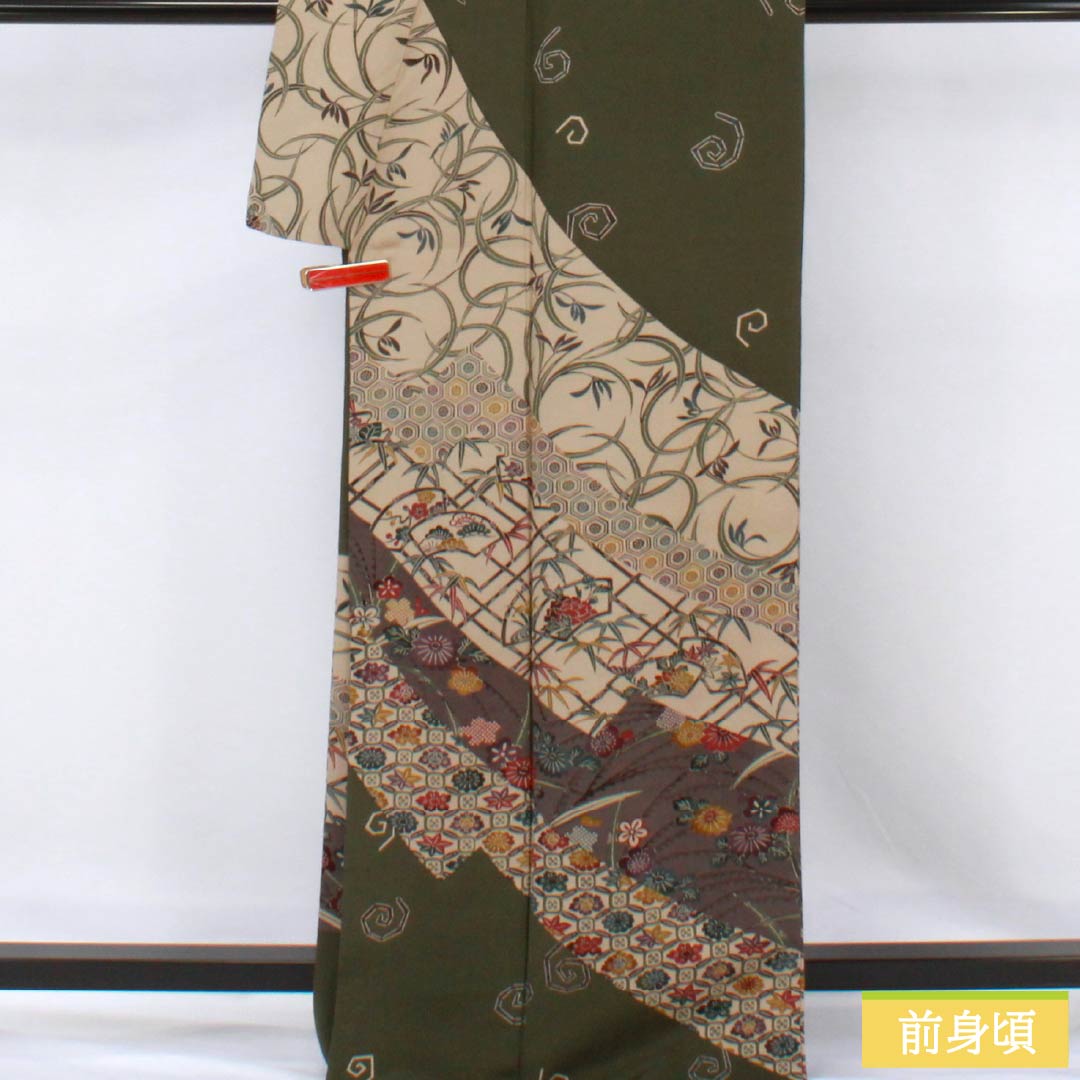 訪問着 正絹 Sランク 袷 身丈168cm 裄丈69.5cm 藍海松茶色(あいみるちゃいろ) 京紅型 紅型調 草花 渦巻き 緑系 1112006652519