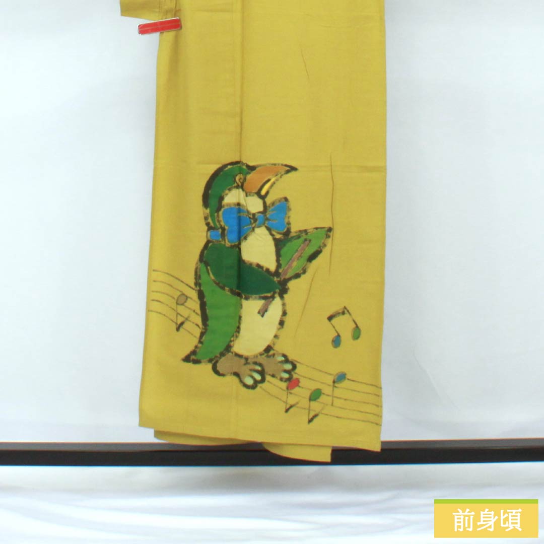 Cotton Yukata, Length 153cm, Sleeve Length 62.5cm, Rank A, Single-Layer, Light Yellow (Asakikiiro), Penguin Design, Product Number 1118005783223
