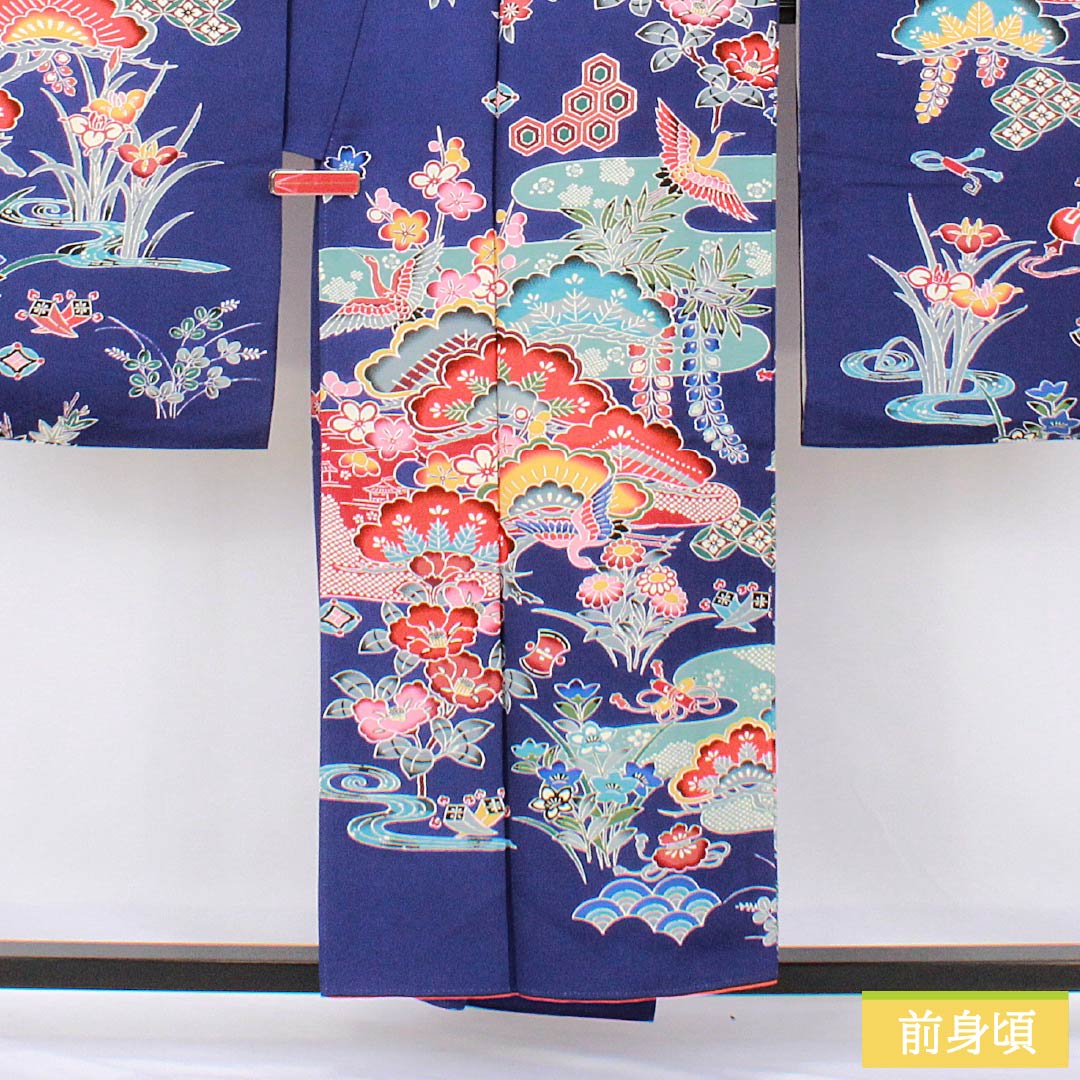 振袖 正絹 Aランク 身丈154.5cm 裄丈65cm 袷 青紫色(あおむらさきいろ) 京紅型 吉祥文様 松 藤 菖蒲 青系 1113002383217