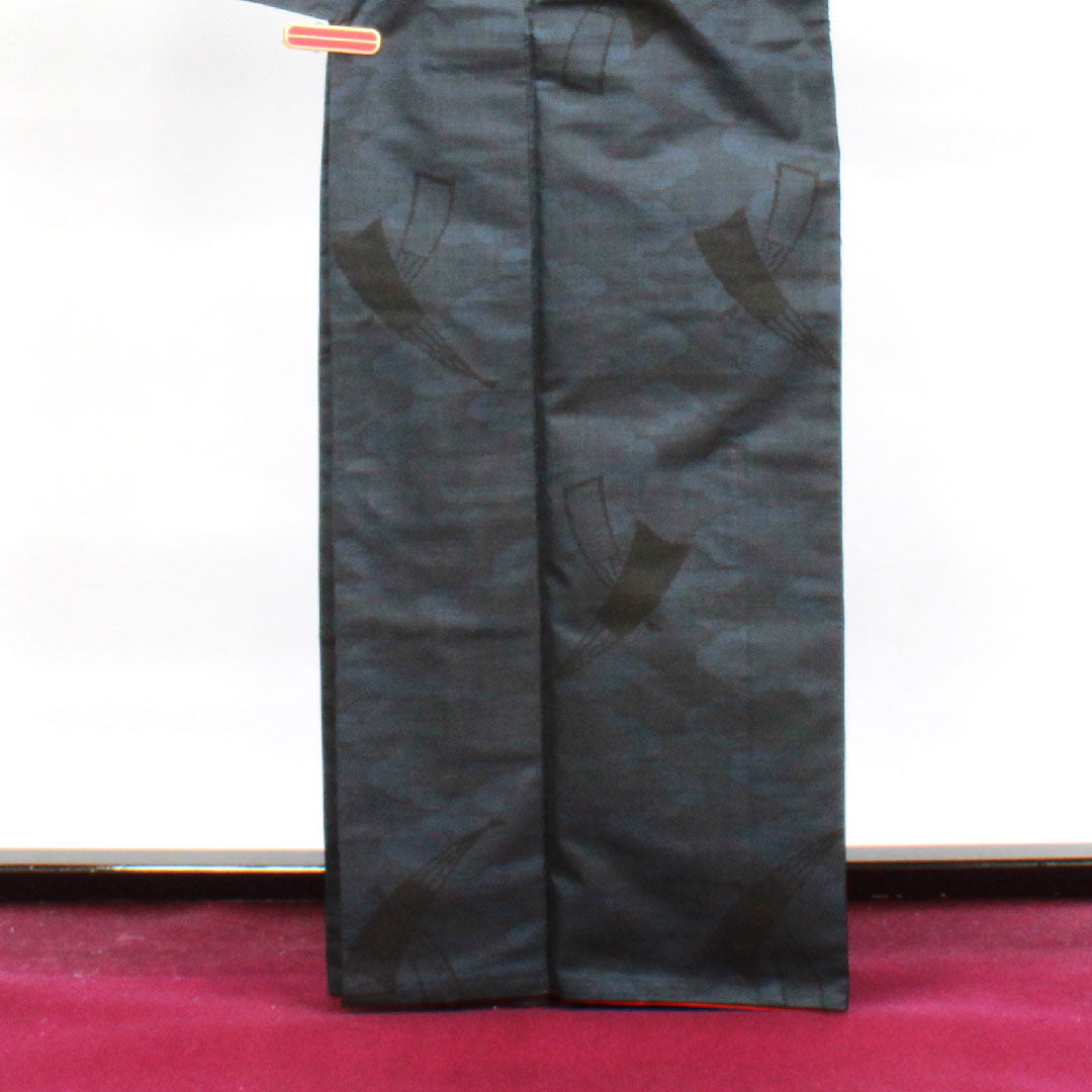 Oshima Tsumugi, Length 164cm, Sleeve length 62cm, Warp and weft ikat, Fan, Pure silk, A rank, Lined, Navy blue, 1116002623418