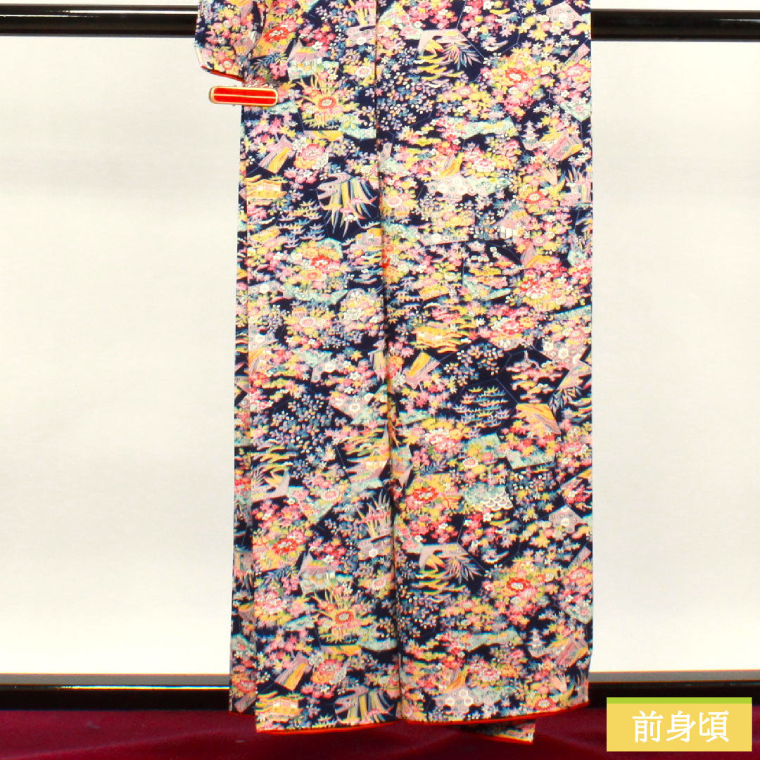 Small pattern, pure silk, length 157cm, sleeve length 64cm, lined, navy blue bellflower color, floral pattern, Chayatsuji, S rank, navy blue, 1115003632318