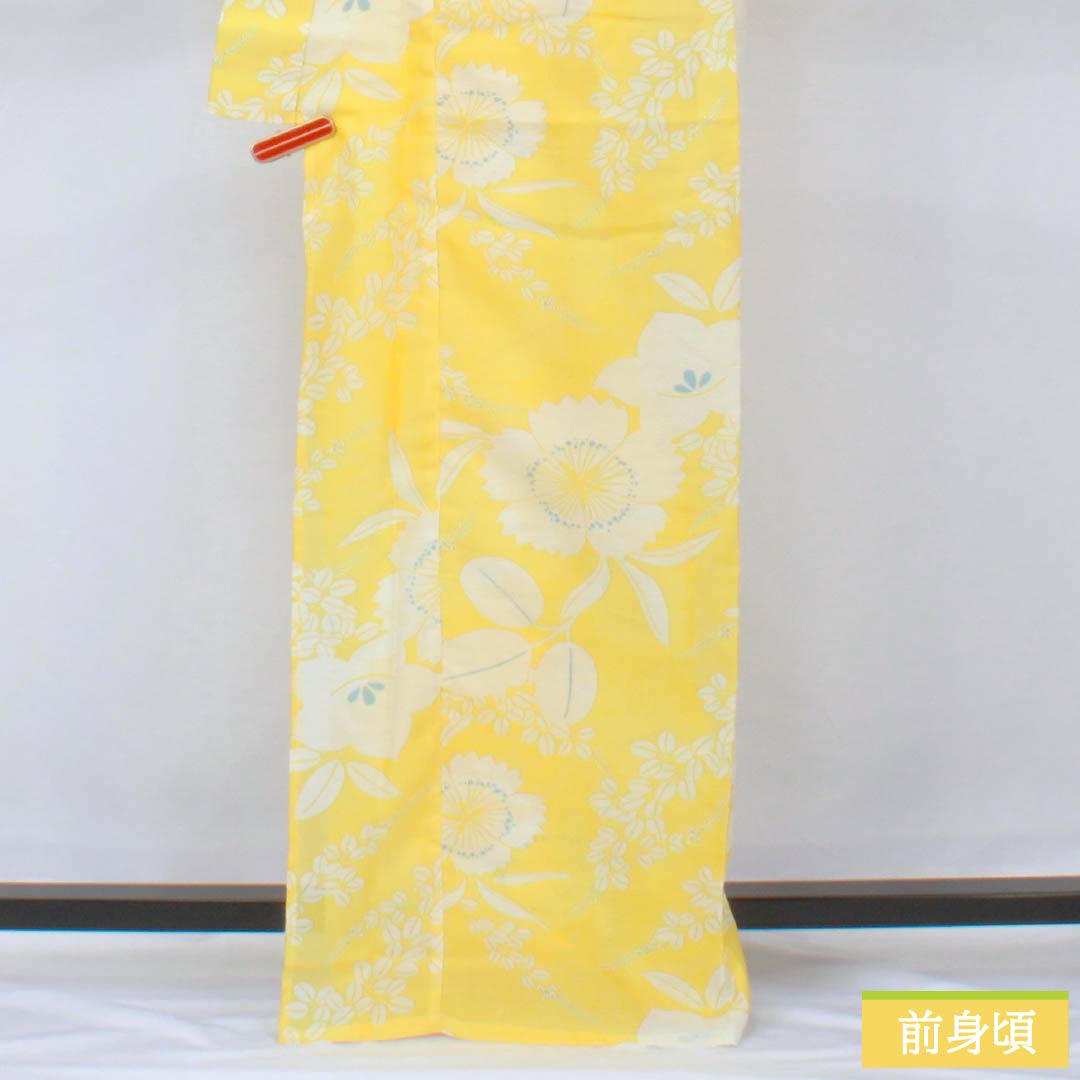 (新品未使用品) 浴衣 ポリエステル 身丈167.5cm 裄丈65cm NEWランク 単衣 黄系 黄色 花柄 桔梗 萩 1118005741523