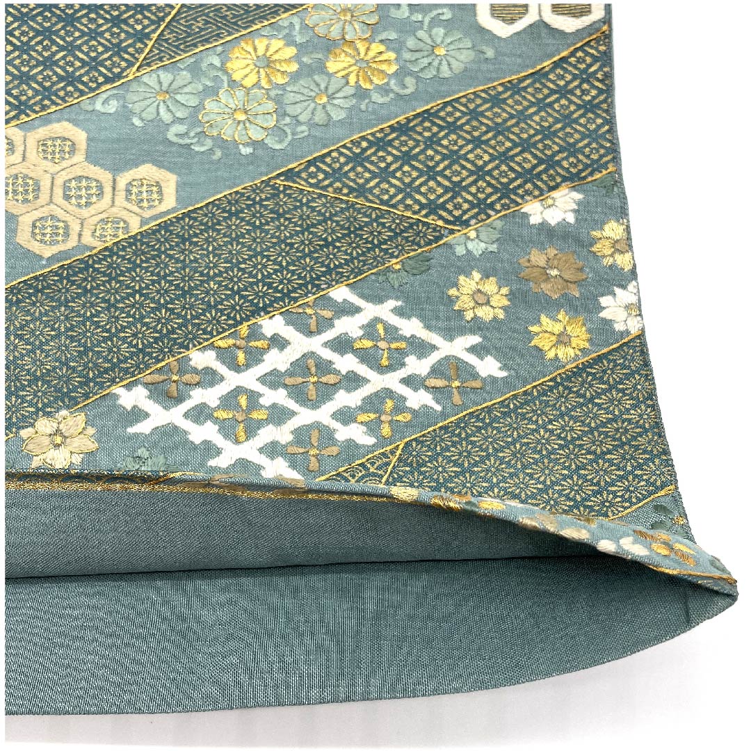 Fukuro obi (indigo brown) with embroidery, auspicious motifs, homaku (treasure scroll), flower arabesque pattern, obi length 430cm, pure silk, S rank, six-pass, formal, green, 1123008142319